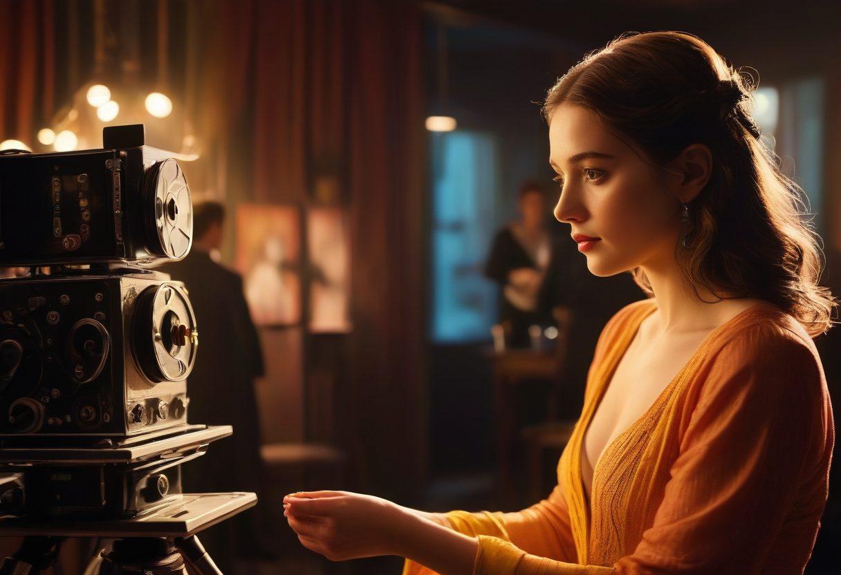 An intimate behind-the-scenes setting showcasing a film set with soft lighting, a director giving feedback to actors in alluring costumes, and camera equipment capturing passionate moments. Include glimpses of vibrant film scripts and a mysterious, sensual atmosphere. The background should subtly incorporate film reels and soft shadows to enhance intrigue. super-realistic. vibrant colors. soft focus.